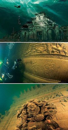 three different images of the underwater world with people swimming in them and on top of it