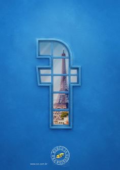 an image of the eiffel tower seen through a window with blue paint on it