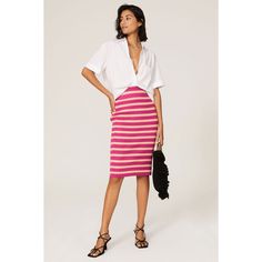 Pink and orange stripe (65% viscose; 25% polyester; 6% nylon; 4% elastane). Skirt. Not lined. No Pockets. 26.5" length. Imported. Chic Relaxed Skirt With Striped Hem, Chic Skirt With Striped Hem And Relaxed Fit, Striped Midi Skirt For Work, Chic Spring Skirt With Striped Hem, Chic Fitted Skirt With Striped Hem, Chic Vertical Stripes Midi Skirt, Chic Vertical Stripes Skirt For Spring, Fitted Striped Skirt For Spring, Summer Workwear Skirt With Vertical Stripes