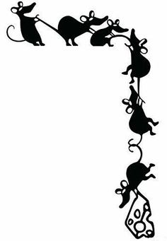 a black and white drawing of mice on a string