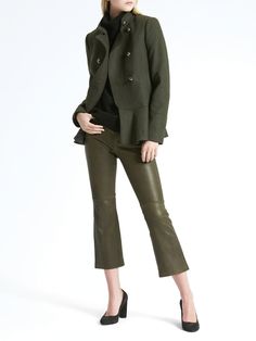 Banana Republic  $268.00 Italian Melton Wool-Blend Peplum-Hem Coat, New Army Green, Size XS, NWT  FIT & SIZING Fitted through the chest, arms and waist. Long sleeves. Hits at the low hip. Center back length: Petite 25.25"; Regular 26.5"; Tall 27". PRODUCT DETAILS A feminine peplum-hem adds softness to this structured military coat, beautifully crafted in a luxurious wool blend from Mario Bellucci, one of Italy's finest mills Stand collar. Button-front closure. Welt-front pockets. Fully lined. #7 Military Coat, Peplum Hem, Inspiration Board, Stand Collar, Army Green, Fabric Care, Vest Jacket, Banana Republic, Wool Blend