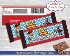 two candy bar wrappers with cowboy theme on the front and back, one is for boy