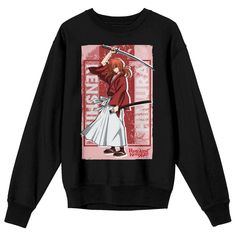 Elevate your wardrobe with this adult black Rurouni Kenshin crew neck long sleeve sweatshirt, featuring the iconic image of Himura against a vibrant pink background. The "Samurai Kenshin" in white letters, adds a stylish touch to your collection. Crafted from a blend of 50% cotton and 50% polyester, this officially licensed sweatshirt ensures both comfort and authenticity. The long sleeve design provides warmth and versatility, making it a perfect choice for any Rurouni Kenshin enthusiast. Keep Character Print Long Sleeve Sweatshirt For Fans, Long Sleeve Anime Print Top For Fans, Anime Print Long Sleeve Top For Fans, Long Sleeve Top With Anime Print For Fans, Pink Long Sleeve Band Merch Sweatshirt, Fall Long Sleeve Sweatshirt With Front Print, Pink Long Sleeve Sweatshirt For Fan Merchandise, Pink Long Sleeve Sweatshirt For Fans, Long Sleeve Graphic Print Sweater For Fans