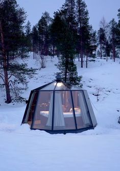 a tent in the middle of snow covered ground with trees around it and lights on