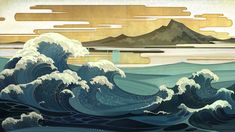 an ocean scene with waves and mountains in the background