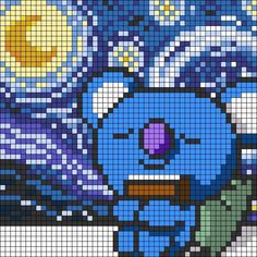 an image of the smurfs in pixellated art with blue and purple colors