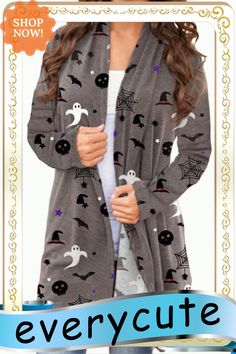 Halloween Spirit Printed Gray Cardigan Gray Cardigan, Halloween Spirit, Grey Cardigan, Cardigan Tops, Winter Sweaters, Spirit Halloween, Cardigans, Fall Winter, Halloween