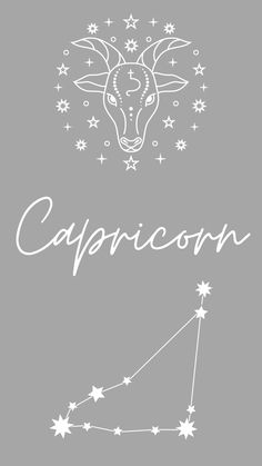 the capricorn zodiac sign with stars in white on a gray background, as well as an illustration of a goat's head