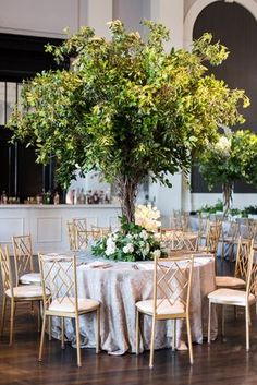 a table with chairs and a tree in the middle is set up for an event