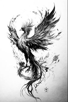 a black and white drawing of a bird