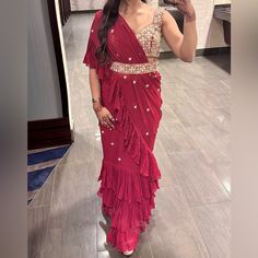 Very Beautiful Designer Piece. Skirt With Attached Saree Drape Outfit. Comes With Belt As Well. Size 36. Will Fit Anyone 5’5 Or Shorter. Red Lengha, Lengha Saree, Saree Indian Wedding, Saree Drape, Wedding Color, Wedding Colors, Indian Wedding, Saree, Womens Sizes