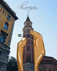 there is a drawing of a hand holding the word hope in front of a tall building