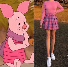 a woman in pink shirt and plaid skirt next to an image of winnie the pooh