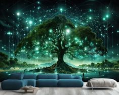 a living room with a large tree and many lights on the ceiling, in front of a wall mural