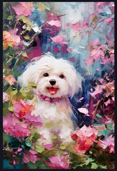 a painting of a white dog surrounded by flowers