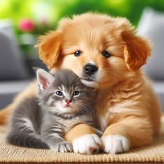 a puppy and kitten cuddle together on the floor