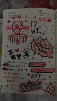 an open notebook with writing on it and spider man stickers all over the page