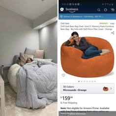 an image of a woman laying on a bean bag chair in the middle of her bed