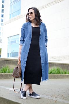 Modest Apparel For Women, Chunky Sweater Vest, Artsy Style Outfits, Denim Duster Coat, Jackets For Spring, Chunky Combat Boots, Denim Duster, Vancouver Fashion, Plaid Shacket