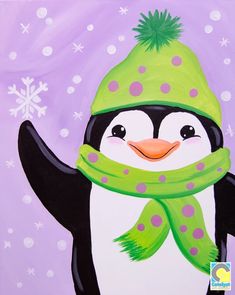 a painting of a penguin wearing a green hat and scarf with snowflakes on it