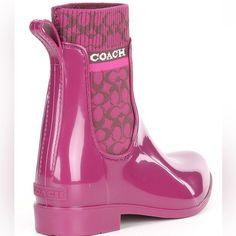 Heel Height: 1.0" Shaft Height: 6.5" Shaft Circumference: 10.0" Materials Rubber And Fabric Upper Fabric Lining And Footbed Rubber Outsole Pink Coach Boots, Pink Boots, Fabulous Shoes, Pretty Shoes, Coach Shoes, Winter Rain, Bootie, Rain Boots, Heel Height