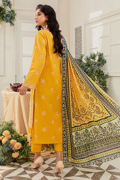 Type Embroidered 3-Piece Lawn Collection Included Kameez | Dupatta |Trouser Fabric Premium Embroidered Stitch Type Un-Stitch Embroidery YES Details Schiffli Fully Embroidered Fine Shirt Schiffli Embroidered Back & Sleaves Digital Printed Silk Dupatta With 2 Sides Embroidered Border Premium Dyed Trouser Embroidered Patches Luxury Yellow Mulmul Lawn Suit, Luxury Embroidered Lawn Suit With Multicolor Embroidery, High End Shoes, Alkaram Studio, Embroidered Border, Silk Dupatta, Stitch Embroidery, Printed Silk, Designer Suits