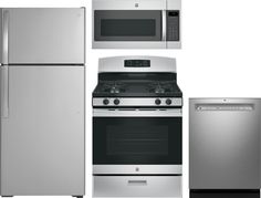 a silver refrigerator freezer sitting next to a stove top oven and dishwasher