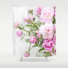 a bouquet of pink flowers in a vase on a white background shower curtain by nature magic