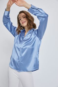 Most girls love this shirt to work in...but if you're a cowgirl you do too. The perfect shirt to ride, rope, or show in. Mavis Satin Button Down Blouse Side Slit Polyester Satin Blouse Shirts, Satin Button Up, Satin Blouses, Girls Love, Satin Blouse, Button Up Blouse, Satin Material, Button Down Blouse, Blue Satin