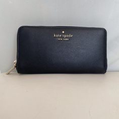 Black Gold Leather New Kate Spade Wallet Kate Spade Black Bag With Card Slots, Chic Kate Spade Wallet For Travel, Chic Kate Spade Wallets For Travel, Chic Kate Spade Travel Wallets, Classic Kate Spade Wallets For Daily Use, Black Leather Kate Spade Wallets, Kate Spade Everyday Bifold Bag, Kate Spade Black Rectangular Wallet, Kate Spade Black Leather Wallet