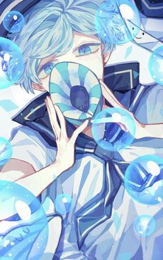 an anime character with blue hair blowing soap bubbles around his face and looking at the camera