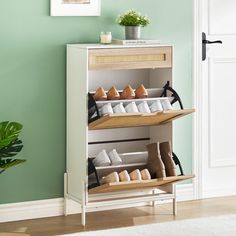 the shoe rack is holding several pairs of shoes in front of a green painted wall