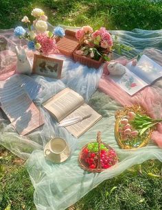 an open book sitting on top of a lush green field