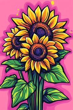 a drawing of a sunflower on a pink background