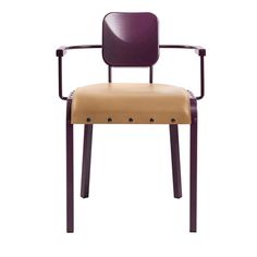 a purple chair with a tan seat and back rest on it's legs, against a white background