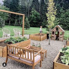 children are playing in the backyard garden with wooden benches and raised planters, while an adult watches