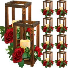 a set of six wooden boxes with candles and roses