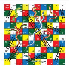 the snakes and ladders board game is shown in red, green, yellow and blue