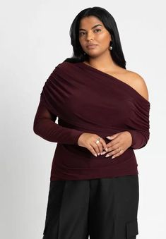 Foldover Drape Top | Eloquii Formal Off-shoulder Tops For Fall, Elegant Stretch One Shoulder Top With Long Sleeves, Elegant One Shoulder Long Sleeve Top With Stretch, Elegant One Shoulder Long Sleeve Top, Evening Top With Asymmetrical Neckline And Stretch, Stretch Off-shoulder Tops With Mesh Sleeves, Stretch Mesh Sleeve Off-shoulder Top, Fitted Off-shoulder Long Sleeve Top For Party, Fitted Cold Shoulder Blouse For Party