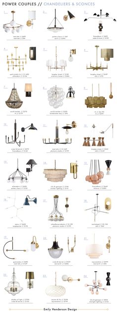 an info sheet showing the different types of lamps and chandeliers that are available