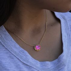 The Poppy Pink Topaz Necklace is a colorful pop of shimmer. The highlight is an antique cushion cut genuine Pink Topaz, perfectly complemented by sparkling citrine and white topaz accents. Its vintage floral design is an ode to classic beauty, with intricate prongs shaped like delicate leaves. Crafted in 14k Gold Vermeil, this piece is high quality and will hold up very well over time if it is cared for properly. Elevate your style with a ring that embodies both grace and grandeur. Length: Adjus Cushion Cut Crystal Jewelry Gift, Pink Cushion Cut Jewelry Gift, Cushion Cut Gemstone Jewelry For Gift, Gold Jewelry With Cushion Cut Birthstone, Gold Cushion Cut Birthstone Jewelry, Cushion Cut Birthstone Jewelry Gift, Cushion Cut Birthstone Jewelry For Gifts, Vintage Cushion Cut Jewelry Gift, Pink Topaz Necklace