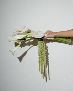 a person holding a bouquet of flowers in their hand on a white wall with shadows