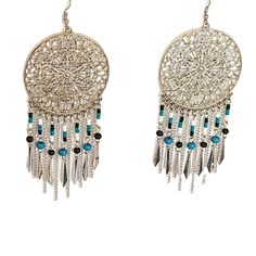 Silver Tone Blue Turquoise Dream Catcher Native Southwest Earrings Drop Dangle Drop/Dangle Length: 4.5" Circle Width: 2" These Are New And Kept In The Box That I Brought Then Home In...I Forgot All About Them And Never Wore Them... Blue Metal Earrings For Summer, Blue Metal Beaded Dangle Earrings, Blue Metal Earrings For Festivals, Silver Dangling Beads Earrings For Summer, Summer Silver Earrings With Dangling Beads, Blue Dangle Chandelier Earrings For Festival, Nickel-free Blue Earrings For Festival, Blue Drop Earrings For Festival, Blue Bohemian Chandelier Earrings For Festival