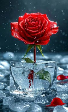 a single red rose sitting in an ice cube with water droplets around it and on the ground