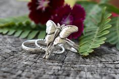 "Luna Moth Ring Set details: -Solid .925 sterling silver -Luna Moth measures approx. 25x25mm(wing span), Double Stacked ring band measures 3mm wide -1.2mm Beaded stack ring -3mm wide Boho Floral Pattern band -Comfortable and easily stackable! -Available in US sizes 1-11 with half sizes. *Single Luna Moth Ring shown here: https://www.etsy.com/listing/816428196/luna-moth-ring-moth-ring-sterling-silver?ref=shop_home_active_1&frs=1 Looking for a last minute or unique Christmas gift? Visit our \" Butterfly-shaped Sterling Silver Jewelry For Wedding, Silver Ring With Butterfly Charm For Wedding, Silver Butterfly Charm Jewelry For Promise, Nickel-free Sterling Silver Butterfly Ring, Unique Nickel-free Sterling Silver Butterfly Ring, Unique Sterling Silver Nickel-free Butterfly Ring, Silver Sterling Silver Ring With Butterfly Charm, Silver Sterling Silver Rings With Butterfly Charm, Sterling Silver Rings With Butterfly Charm