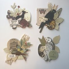 four pieces of paper with birds and leaves on them