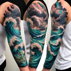 two people with tattoos on their arms, one has a wave and the other has clouds