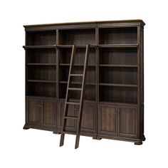 a bookcase with ladders on the front and bottom shelves, in dark wood