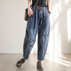 Details: Gender: Women Item Type: Jeans Material: Denim Season: Spring, Autumn Pattern: Patchwork Style: Casual, Loose, Retro Waist Type: Elastic Waist Size: M Waist: 66.00 - 90.00 cm/ 25.98 - 35.43 " Length: 90.00 cm/ 35.43 " Hip: 126.00 cm/ 49.61 " Thigh: 72.00 cm/ 28.35 " Bottom: 34.00 cm/ 13.39 " Size: L Waist: 70.00 - 94.00 cm/ 27.56 - 37.01 " Length: 91.00 cm/ 35.83 " Hip: 130.00 cm/ 51.18 " Thigh: 74.00 cm/ 29.13 " Bottom: 36.00 cm/ 14.17 " Size: XL Waist: 74.00 - 98.00 cm/ 29.13 - 38.58 " Length: 92.00 cm/ 36.22 " Hip: 134.00 cm/ 52.76 " Thigh: 76.00 cm/ 29.92 " Bottom: 38.00 cm/ 14.96 " Casual Denim Blue Patchwork Jeans, Casual Denim Blue Jeans With Patchwork, Casual Denim Patchwork Pants, Casual Patchwork Denim Jeans, Casual Straight Leg Patchwork Jeans, Casual Indigo Jeans For Spring, Relaxed Fit Denim Bottoms With Patchwork, Relaxed Fit Denim Patchwork Bottoms, Non-stretch Dark Wash Patchwork Jeans