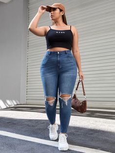 Plus High Waist Ripped Skinny Jeans | SHEIN USA Jeans Outfits Plus Size, Plus Size Baddies, Plus Size Denim, Jeans Outfits, Curve Jeans, Mesh Leggings, Baddie Outfits Casual, Cargo Jeans, Outfits Casual